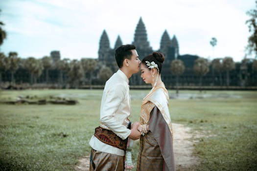 A couple in traditional Cambodian attire embracing at Angkor Wat, a symbol of timeless love.