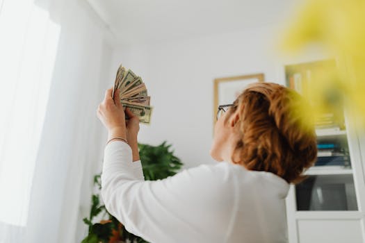 A person raises a fan of dollar bills indoors, indicating wealth or success.