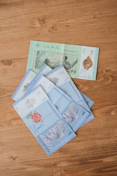 Several Malaysian Ringgit banknotes arranged on a wooden surface, showcasing various denominations.