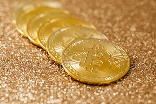 Shiny gold bitcoin coins placed on a textured glitter surface, highlighting cryptocurrency.