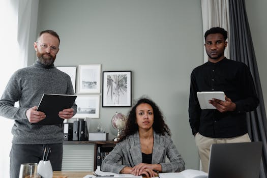 Three business professionals collaborating in a modern office environment.