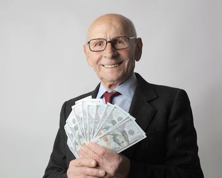 Senior man in a suit with glasses holding US dollars, symbolizing wealth and savings.