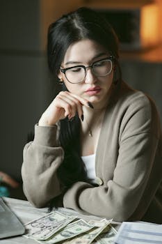 Young woman with glasses contemplating financial documents indoors.